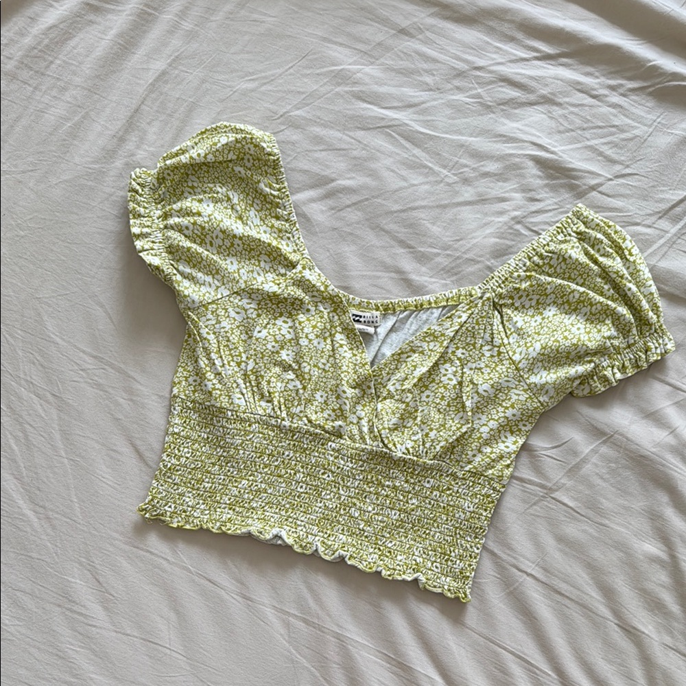 Billabong Yellow Green Cap Sleeve Crop Blouse - Picture 1 of 3